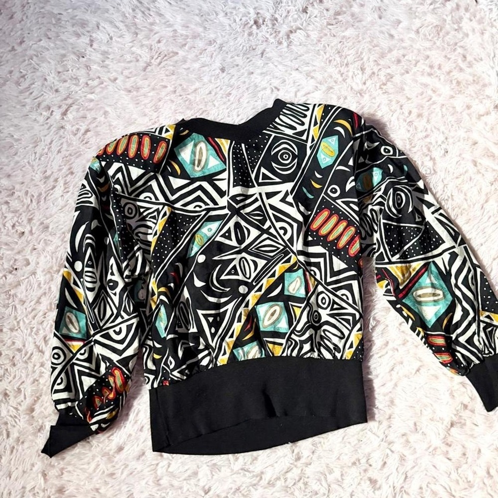 Vintage 80s Geometric Art to Wear Silk Wacky Abstract Statement Top Womens 6